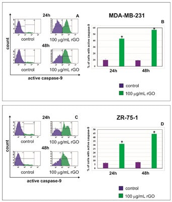 Figure 1. Flow cytometry analysis of active caspase-9 in MDA-MB-231 (A,B) and ZR-75-1 (C,D) cells. Cells were stained with FAM-FLICA® Caspase-9 reagent. From Figure 5 of R. Krętowski and M. Cechowska-Pasko, The Reduced Graphene Oxide (rGO) Induces Apoptosis, Autophagy and Cell Cycle Arrest in Breast Cancer Cells, Int J Mol Sci (2022) 23, 9285. Used under the Creative Commons Attribution License (https://creativecommons.org/licenses/by/4.0/). Copyright © 2022 by the authors.
