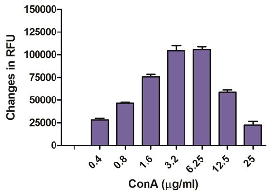 Figure 2. PBMC proliferation in response to mitogen Concanavalin A (Con-A) stimulation measured using Fluorescent Cell Proliferation Assay. PBMC at 15,000 cells were cultured for 3 days in the presence of titrated amounts of Con A and tested for proliferation using the Fluorescent Cell Proliferation Assay. Dye reagent (1/10 volume) was added to the cultured cells and incubated at 37°C for 2h. Fluorescence was detected at Ex: 530 nm and Em: 590 nm.