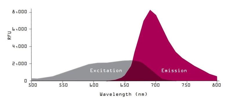 Figure 1. FLICA® 660 was reconstituted in DMSO, diluted in diH2O, and analyzed on a Molecular Devices Gemini XPS 96-well fluorescence plate reader. The excitation spectrum (grey) was generated using an emission of 760 nm. The emission spectrum (red) was generated using an excitation of 600 nm.