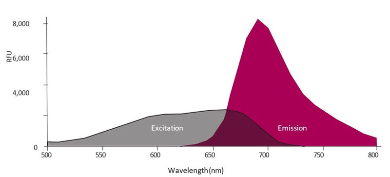Figure 1. FLICA® 660 was reconstituted in DMSO, diluted in diH2O, and analyzed in a fluorescence plate reader. The excitation spectrum was generated using an emission of 760 nm. The emission spectrum was generated using an excitation of 600 nm.