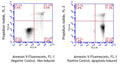 Figure 1. Jurkat cells were treated with a negative control (left) or staurosporine (right), then stained with Canine Annexin V-Fluorescein Assay (Cat. 9139). Annexin V-Fluorescein labeled only 15.6% of the control cells (UR + LR = 9.8% + 5.8%, left); staurosporine induced Annexin