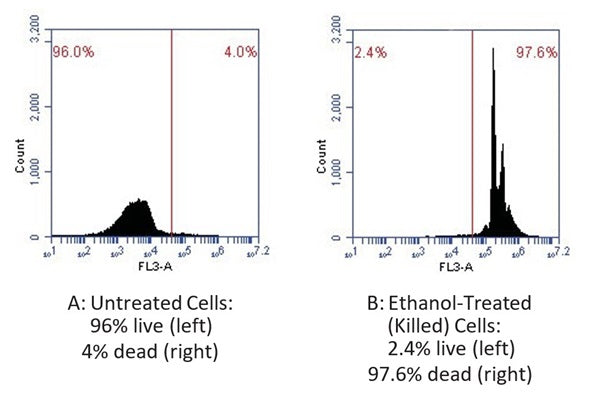 Figure 2. Using 7-AAD, live cells (unstained, left side of each histogram) can easily be distinguished from dead/membrane compromised cells exhibiting red fluorescence (right side of each histogram). Jurkat cells were either untreated (A), or treated with 90% ethanol for 60 seconds, then stained with 7-AAD, and analyzed using a flow cytometer in FL-3. Only 4% of untreated cells (A) are dead compared with 97.6% of the treated cells (B). Data courtesy of Dr. Kristi Strandberg, ICT 226:30-31.