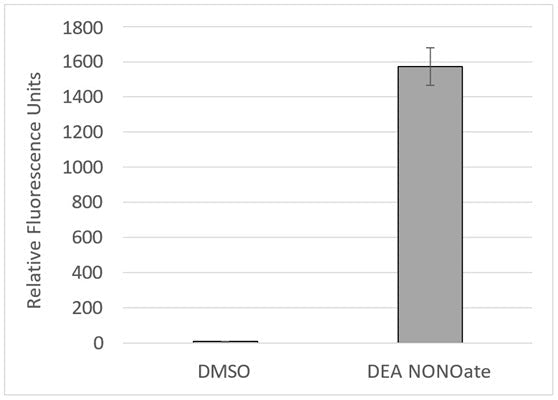 Figure 3. Jurkat suspension cells were stained with DAF-2DA dye for 1 hour, and then washed. Cells were then treated with DMSO as a negative control or 1 mM DEA NONOate, a nitric oxide donor, for 30 minutes at 37°C. Cells were analyzed using a fluorescence plate reader using an excitation at 488 nm and emission at 515 nm. Data courtesy of Dr. Strandberg, ICT, 227:39-42.