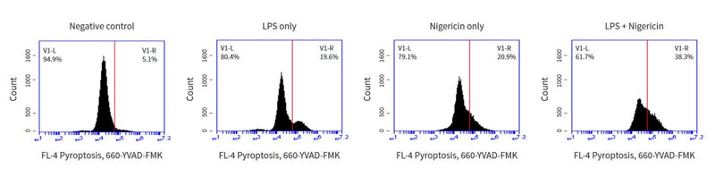 Figure 3. THP-1 cells were spiked with 660-YVAD-FMK and then treated either with LPS (1 µg/mL for 3 hours), Nigericin (20 µM for 30 minutes), or LPS + Nigericin (1 µg/mL LPS for 3 hours, followed by 20 µM Nigericin for 30 minutes). Cells were analyzed by flow cytometer. LPS or Nigericin increased caspase-1 activity approx. 4-fold compared to the negative control. LPS + Nigericin increased caspase-1 activity almost 2-fold over either treatment alone. Data courtesy of Mrs. T. Murphy, ICT (220:95).
