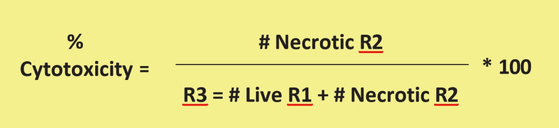 Figure 11. Calculation of cytotoxicity. Based on the number of green target cells in R3 (Figures 10 and 12) cytotoxicity can be calculated as the percentage of the green target cells which are also stained red with 7-AAD in R2 (Figure 10). This analysis reveals the population of necrotic target cells without interference from necrotic effector cells. Our Basic Cytotoxicity Assay is the easiest test to quantify cytotoxicity.