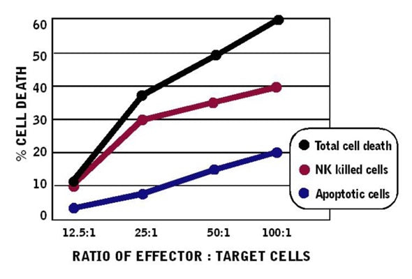 Figure 17. K562 target cells were stained with CFSE. Effector cells were added at a ratio of 12.5:1, 25:1, 50:1, or 100:1. Cells were incubated 4 hours to allow the cytolytic activity to progress. Cells were labeled with SR-FLICA® and 7-AAD and analyzed via flow cytometry. Total cytotoxicity increased when more effector cells were used, reaching 60% at an E:T ratio of 100:1 .